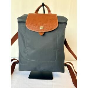 Longchamp Backpack Gray Nylon Body Brown Leather Trim Authentic